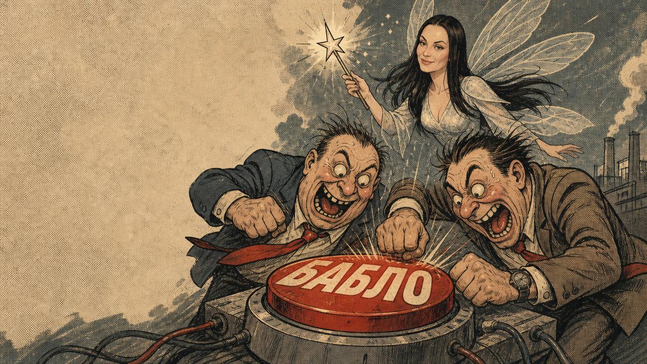 Комичная иллюстрация про ожидание волшебной кнопки